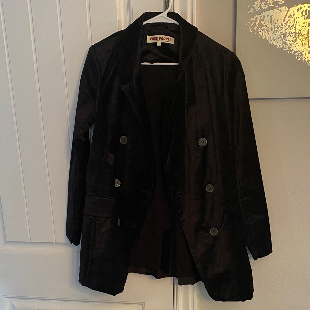 Free People Double-Breasted Black Velvet Blazer